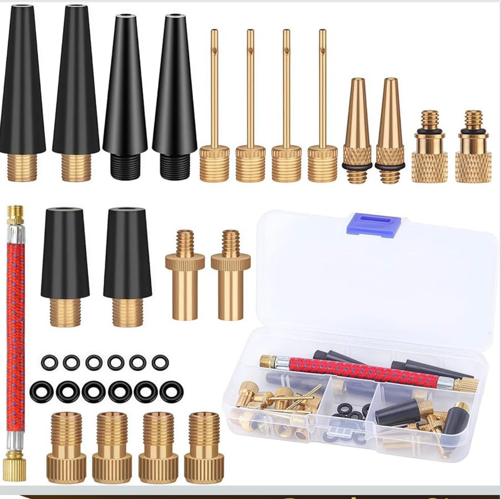 33Pcs Bike Pump Adapter Set, Bicycle Metal Valve Adapter Kit with Extension Pipe, for Balls/Bikes, DV SV AV Bicycle Air Pump Inflation Needle Nozzle Kit